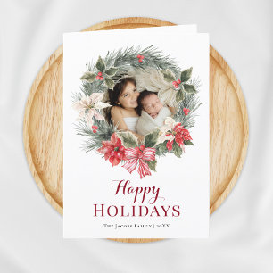 Family Photo in Wreath White Christmas Holiday Card