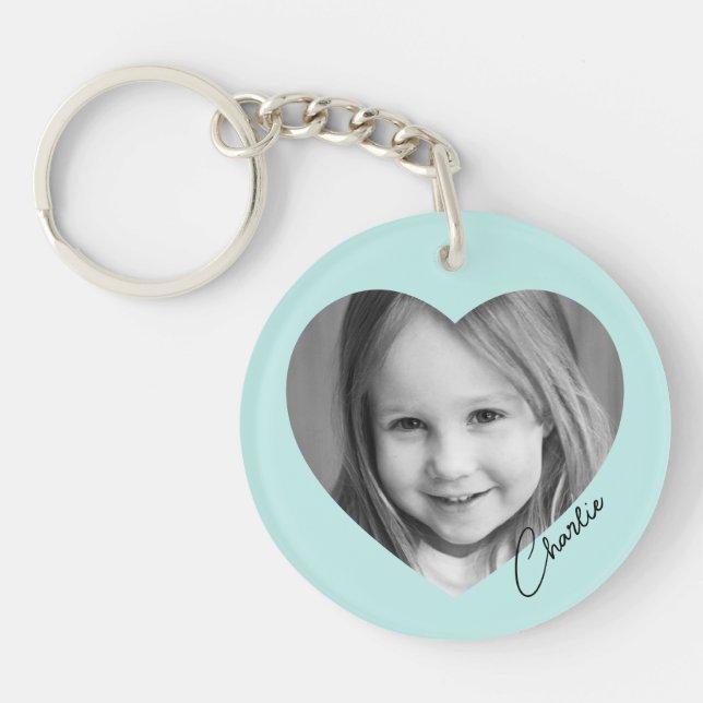 Family photo inside heart name light aqua blue keychain (Front)
