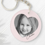 Family photo inside heart with name pink keychain<br><div class="desc">Pink or custom colour keyring featuring your photo inside a heart with the name in a handwritten style script font.</div>