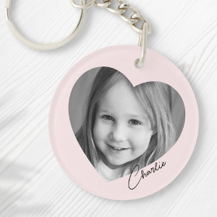 Family photo inside heart with name pink keychain
