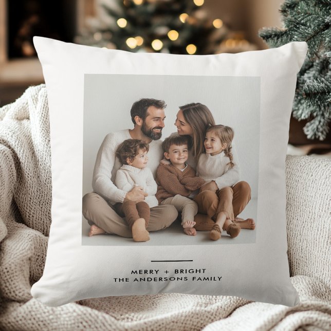 Family Photo & Merry and Bright Minimalistic Throw Pillow (Creator Uploaded)