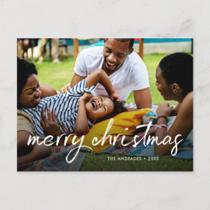 Family Photo Merry Christmas Brush Script Casual Holiday Postcard