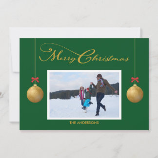 Family Photo Merry Christmas Calligraphy Green Holiday Card