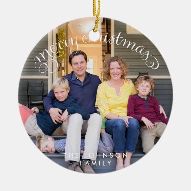 Family Photo Merry Christmas Ceramic Ornament (Front)