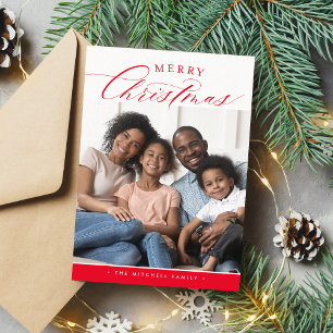 FAMILY PHOTO Merry Christmas cute calligraphy red  Holiday Card