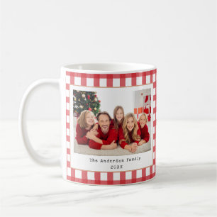 Family Photo Merry Christmas Red Gingham Custom Coffee Mug