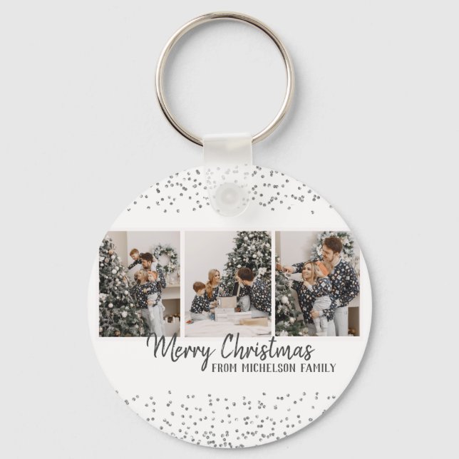 Family Photo Merry Christmas Silvr confetti Keychain (Front)