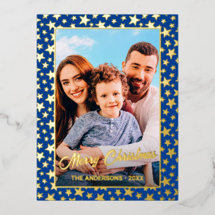 Family photo Merry Christmas star navy blue modern Foil Holiday Postcard