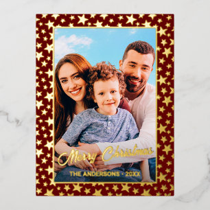 Family photo Merry Christmas stars red burgundy Foil Holiday Postcard