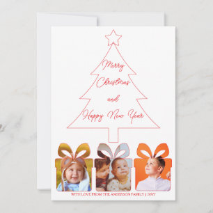 Family Photo Minimalist Red Line Christmas Tree Holiday Card