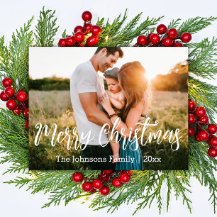 Family Photo Modern Brush Script Merry Christmas Holiday Card