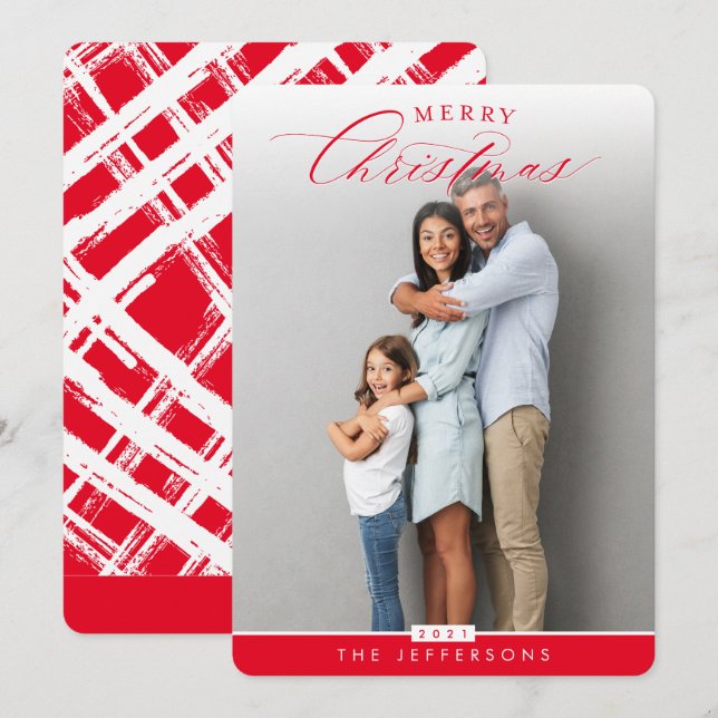 FAMILY PHOTO modern calligraphy overlay red Holida Holiday Card (Front/Back)