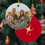 Family photo modern Christmas gold typography red Ceramic Ornament<br><div class="desc">Simple minimalist elegant custom family photo keepsake tree ornament with faux gold Joyful typography with stars,  one picture,  family name,  and your text.</div>