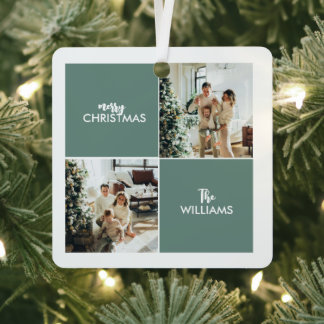 Family Photo modern collage simple Teal Christmas  Metal Ornament