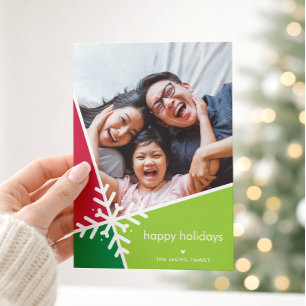 FAMILY PHOTO modern holiday snowflake green red Card