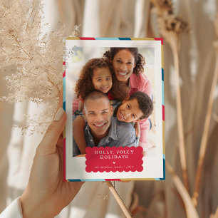 FAMILY PHOTO modern minimal border red gold blue Holiday Card