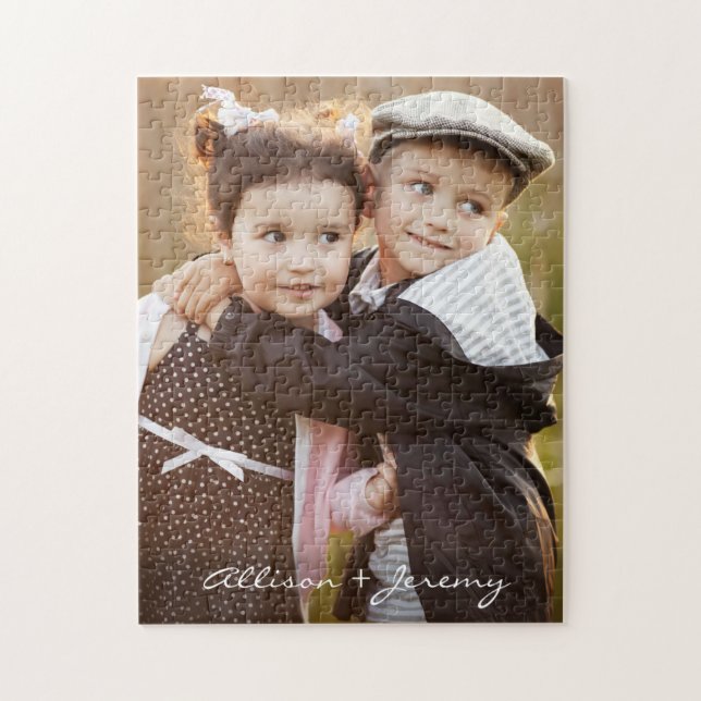 Family Photo Modern Script Monogram Name 11x14 Jigsaw Puzzle (Vertical)