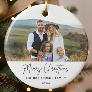 Family Photo Modern Simple Script Chiristmas Ceramic Ornament