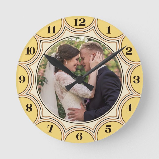 Family Photo Modern Yellow Sunburst Personalized Round Clock (Front)