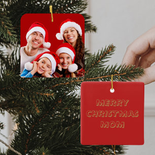 Family Photo Mom Red & White Christmas Ceramic Ornament
