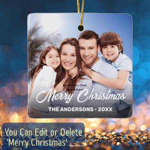 Family Photo Name Elegant Script Merry Christmas Ceramic Ornament