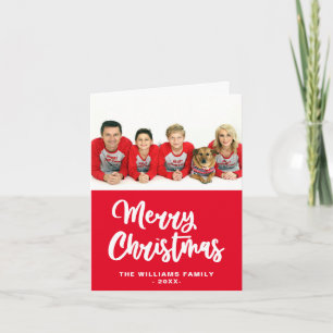 Family Photo Name Merry Christmas Red And White Holiday Card