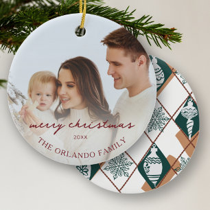Family Photo New Parents Green Merry Christmas Cer Ceramic Ornament