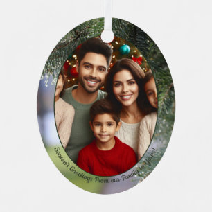 Family Photo on Evergreen Tree Branches and Santa Metal Ornament