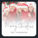 Family Photo Overlay Script Merry Christmas  Square Sticker<br><div class="desc">Family Photo Overlay Script Merry Christmas. Easily personalise your name.</div>