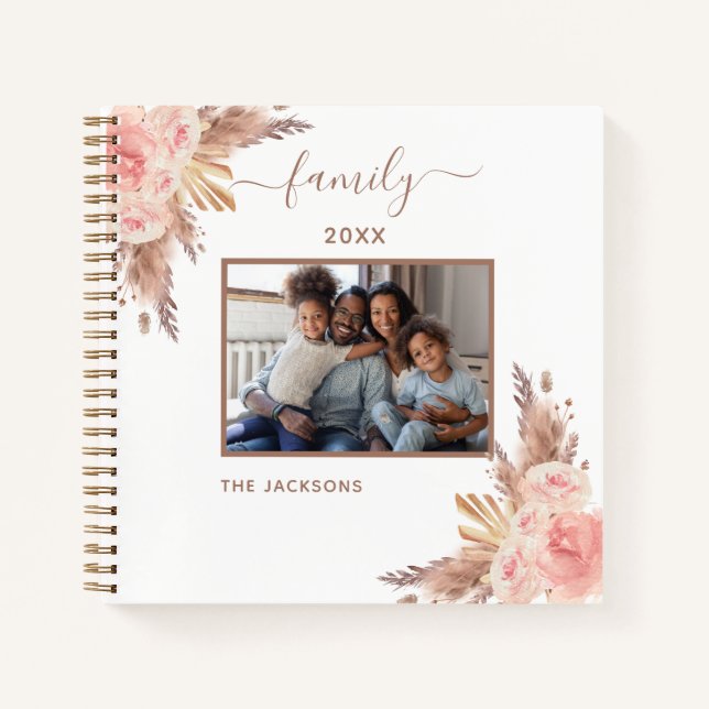 Family photo pampas grass pink florals name notebook (Front)
