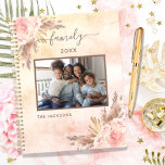 Family photo pampas grass rose gold floral 2025 planner<br><div class="desc">Personalize and add your own family photo. A white background. A brown frame decorated with pampas grass and blush pink florals.  Add your family name and a year.</div>