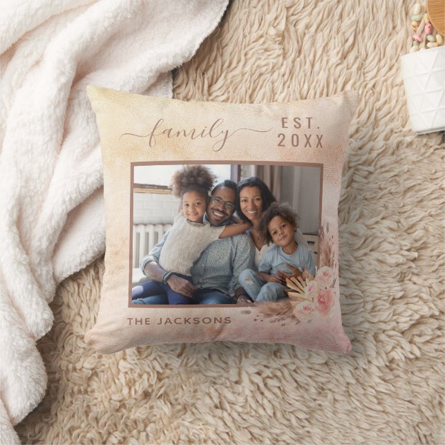 Family photo pampas grass rose gold pink florals throw pillow (Blanket)