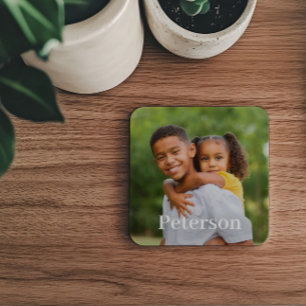 Family Photo Personalized Last Name Coaster