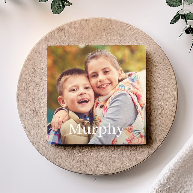 Family Photo Personalized Last Name Monogram Stone Coaster (Creator Uploaded)
