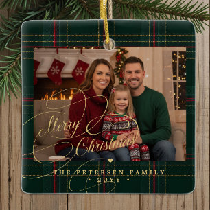 Family photo plaid tartan classic Merry Christmas Ceramic Ornament