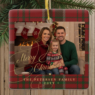 Family photo plaid tartan classic Merry Christmas Ceramic Ornament
