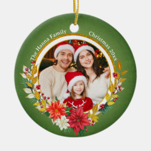 Family Photo & Poinsettia Merry Christmas Gift Ceramic Ornament