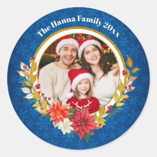 Family Photo & Poinsettia Merry Christmas Gift Classic Round Sticker