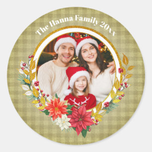 Family Photo & Poinsettia Merry Christmas Gift Classic Round Sticker