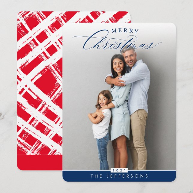 FAMILY PHOTO portrait modern calligraphy navy blue Holiday Card (Front/Back)