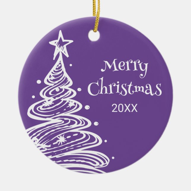 Family Photo Purple White Christmas Tree Gift Ceramic Ornament (Front)