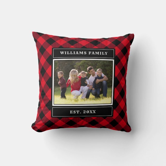 Family Photo Red Buiffalo Plaid Monogram Name Throw Pillow (Front)
