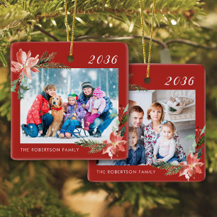 Family Photo Red Christmas Ceramic Ornament
