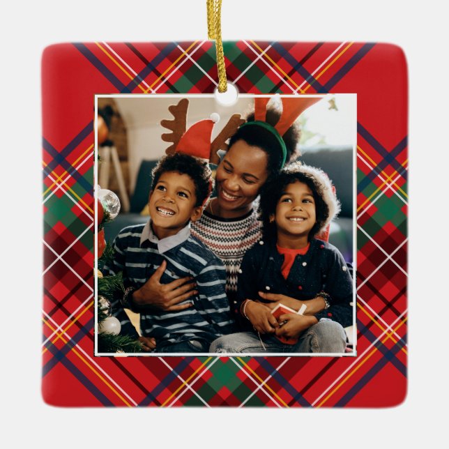 Family photo red Christmas plaid personalized Ceramic Ornament (Front)