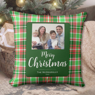 Family Photo Red Green Plaid Merry Christmas Throw Pillow