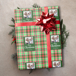 Family Photo Red Green Plaid Merry Christmas Wrapping Paper