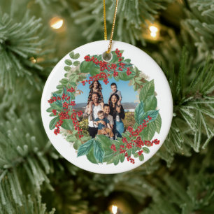 Family Photo Script Holiday Merry Christmas Card Ceramic Ornament
