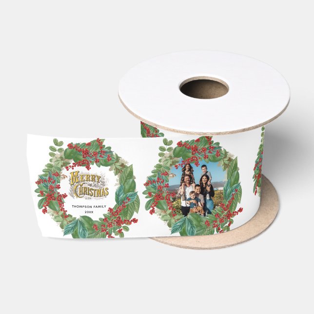 Family Photo Script Holiday Merry Christmas Card Satin Ribbon (Spool)
