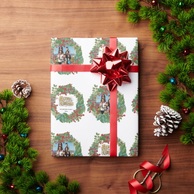 Family Photo Script Holiday Merry Christmas Card Wrapping Paper (Holiday Gift)