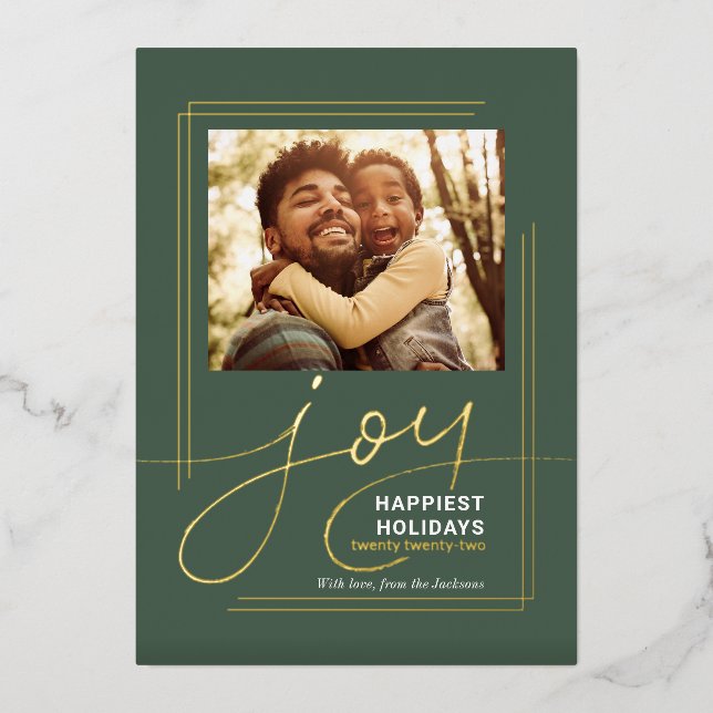 Family Photo Script Joy Christmas Foil Holiday Card (Front)
